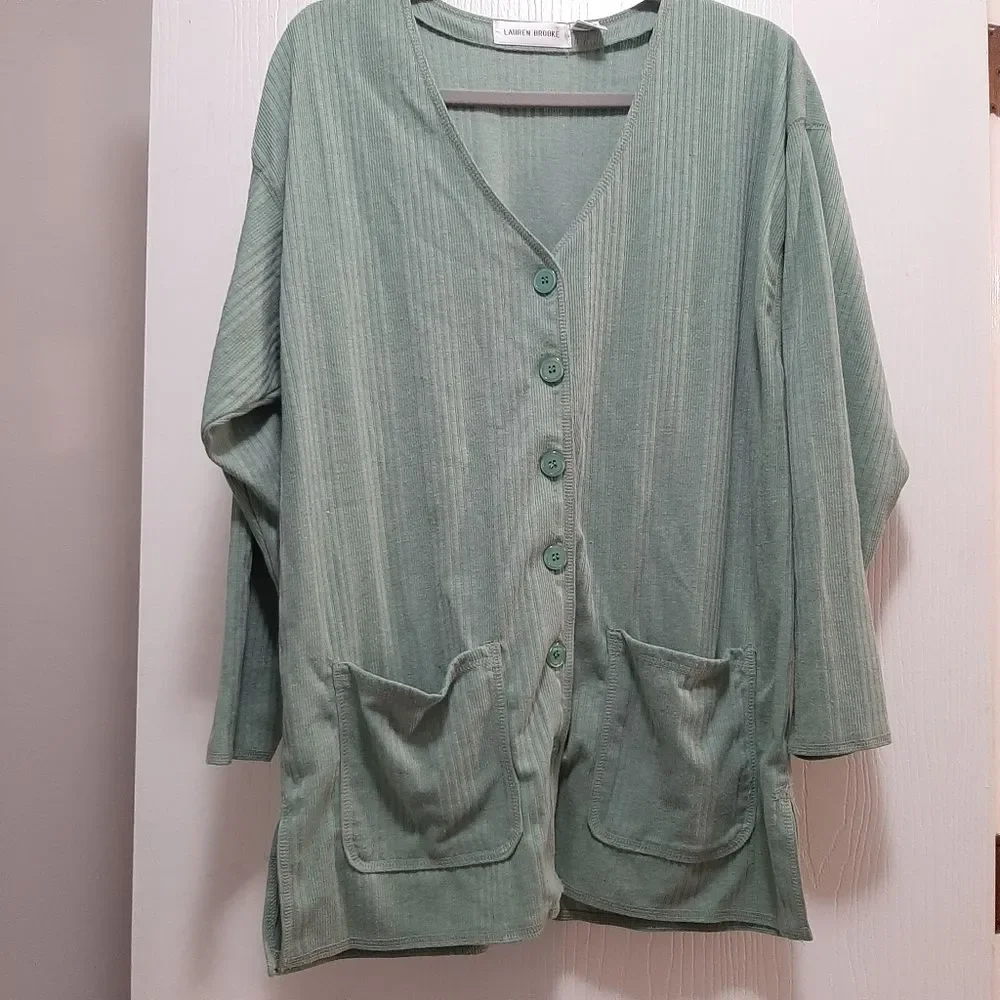 Lauren Brooke Cotton Blend Green Button Up Cardigan Front Pockets Grandma Medium